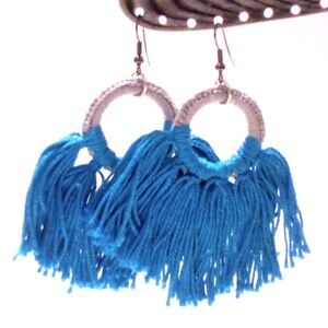 Boho Inspired Gray and Blue Fringed Cotton Crochet Drop Hoop Earrings